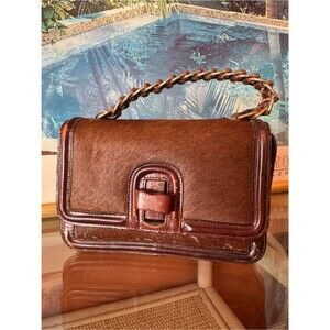Vintage Tano Madrid Haircalf Leather Wood Clasp Handbag Brown Made in Spain